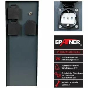Grafner® Steckdosensäule Dämmerungssensor Anthrazit Mit 4 Außensteckdosen Edelstahl Gartensteckdose 9